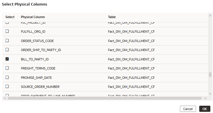 sélection des colonnes physiques, page sélection des colonnes physiques, page