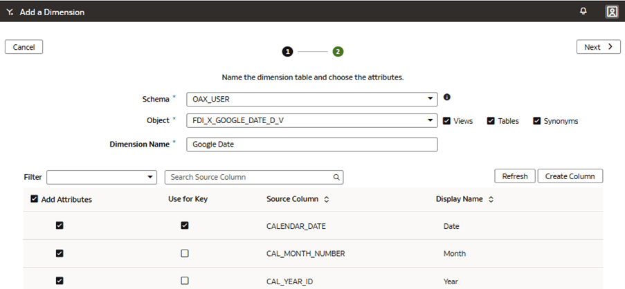 Étape 1 de l'assistant dans la page Ajouter une dimension Étape 1 de l'assistant dans la page Ajouter une dimension