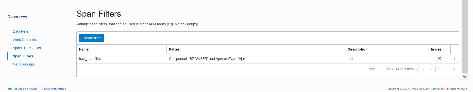 Volet Filtres d'intervalle