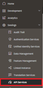 L'option API Services dans le menu latéral
