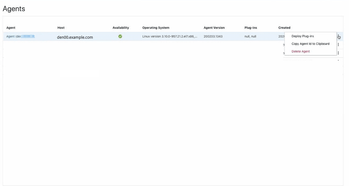 Page de liste Agents montrant l'option Supprimer l'agent du menu d'actions.