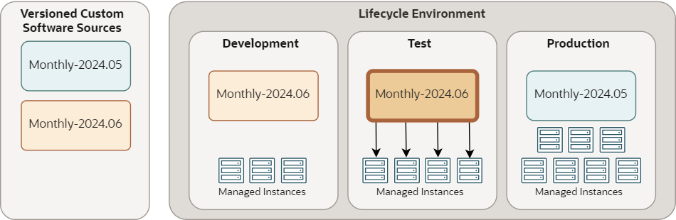 Exemple de cycle de vie montrant deux sources de logiciels. La source la plus récente est promue de l'étape Développement à Test.