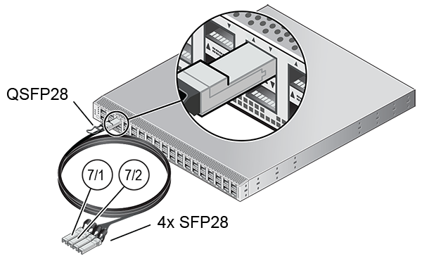 Figure montrant le port 100GbE 7 réservé avec un câble d'interruption utilisé pour créer des connexions réseau flexibles avec des systèmes externes.