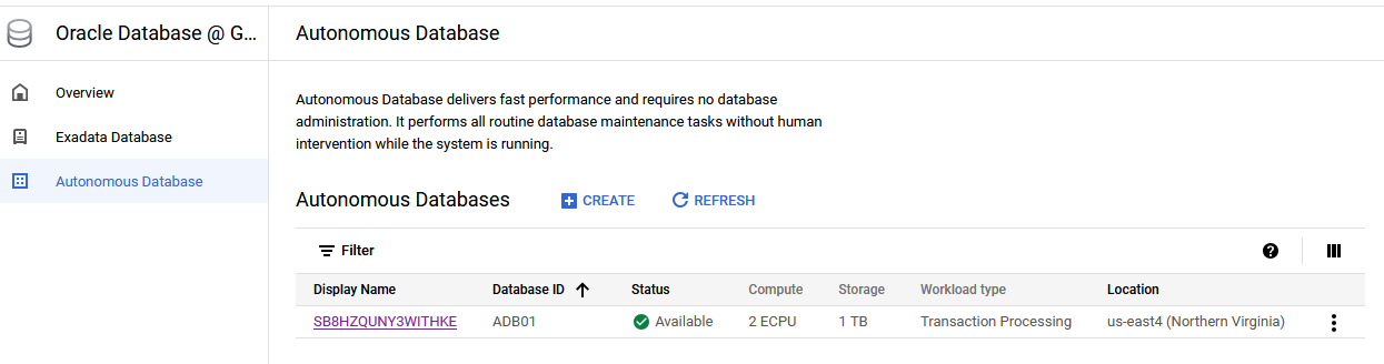 Liste Autonomous Database