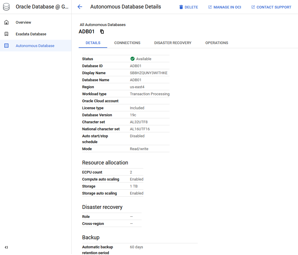Liste Autonomous Database