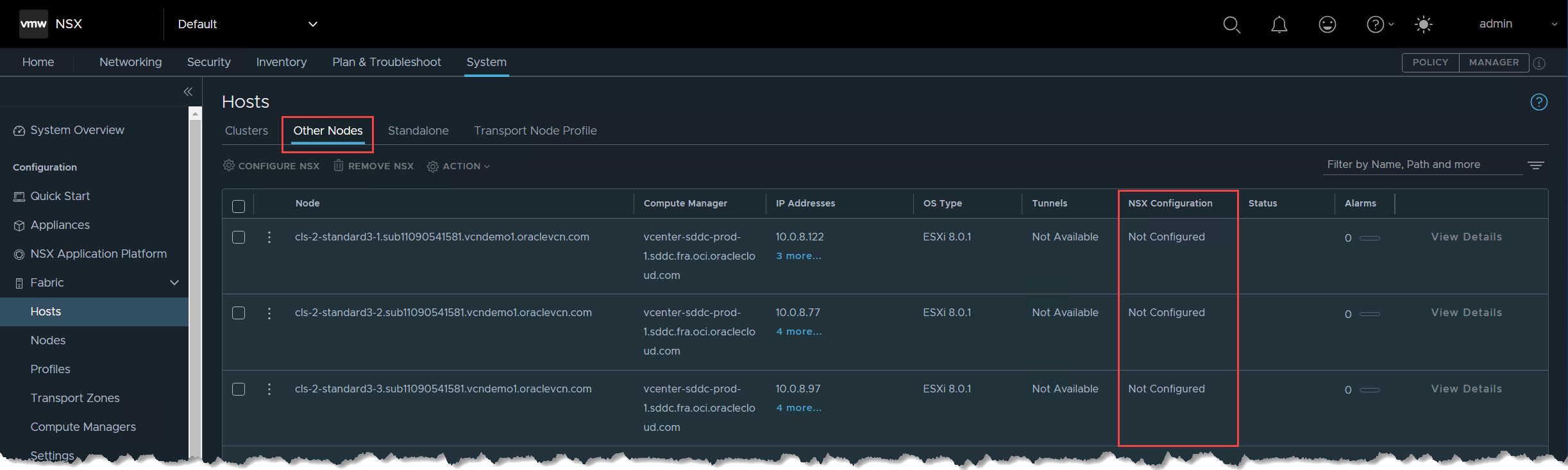 Gestionnaire NSX - Hôtes non configurés Gestionnaire NSX - Hôtes non configurés