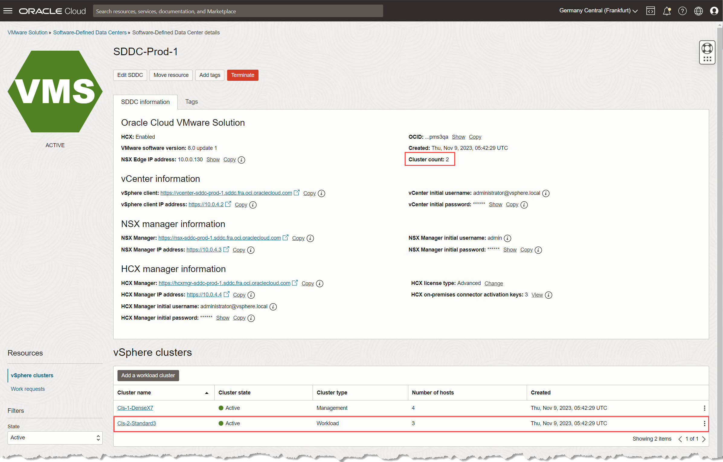 Console OCI - Page Détails du SDDC Console OCI - Page Détails du SDDC