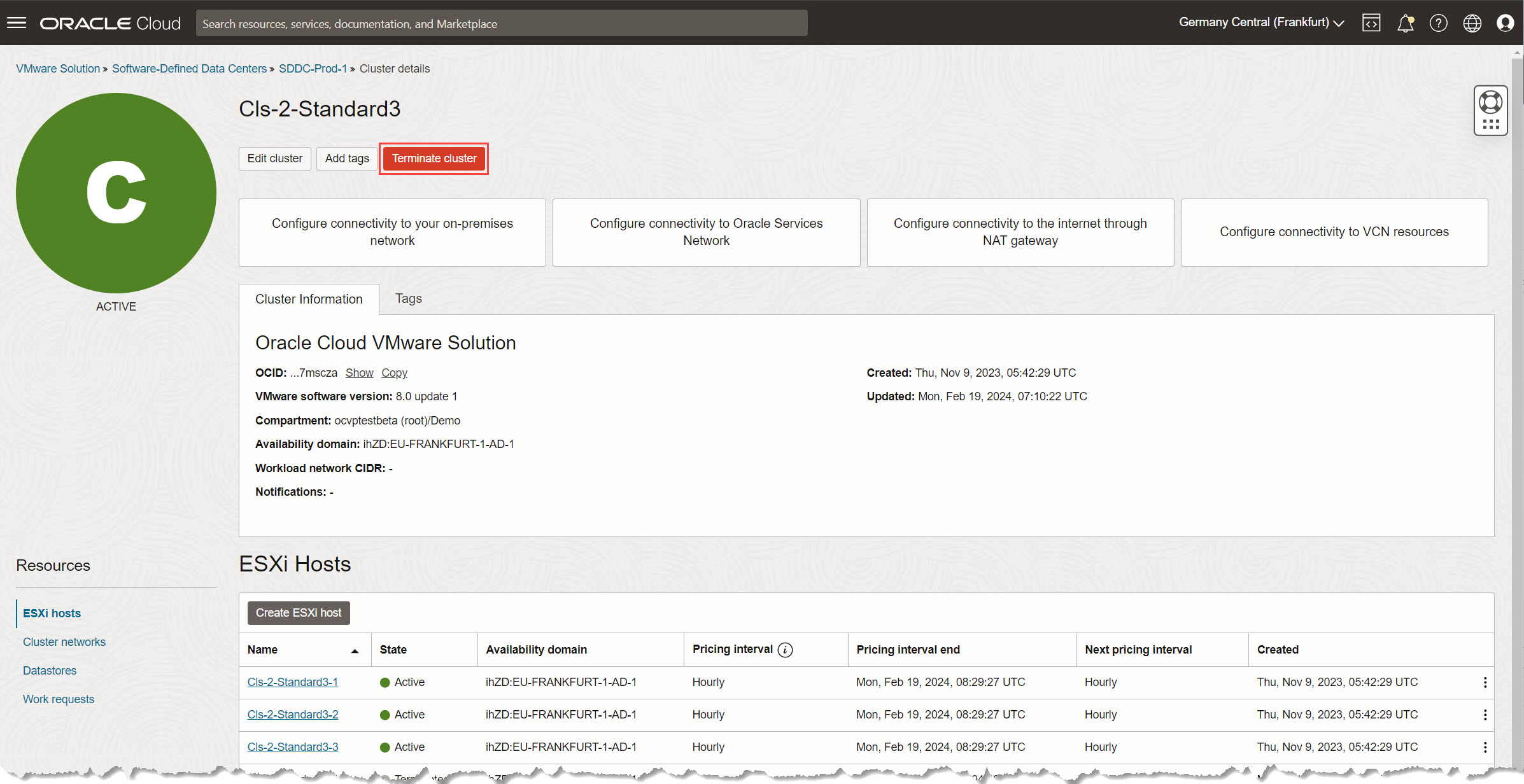 Console OCI - Page Détails de la grappe Console OCI - Page Détails de la grappe
