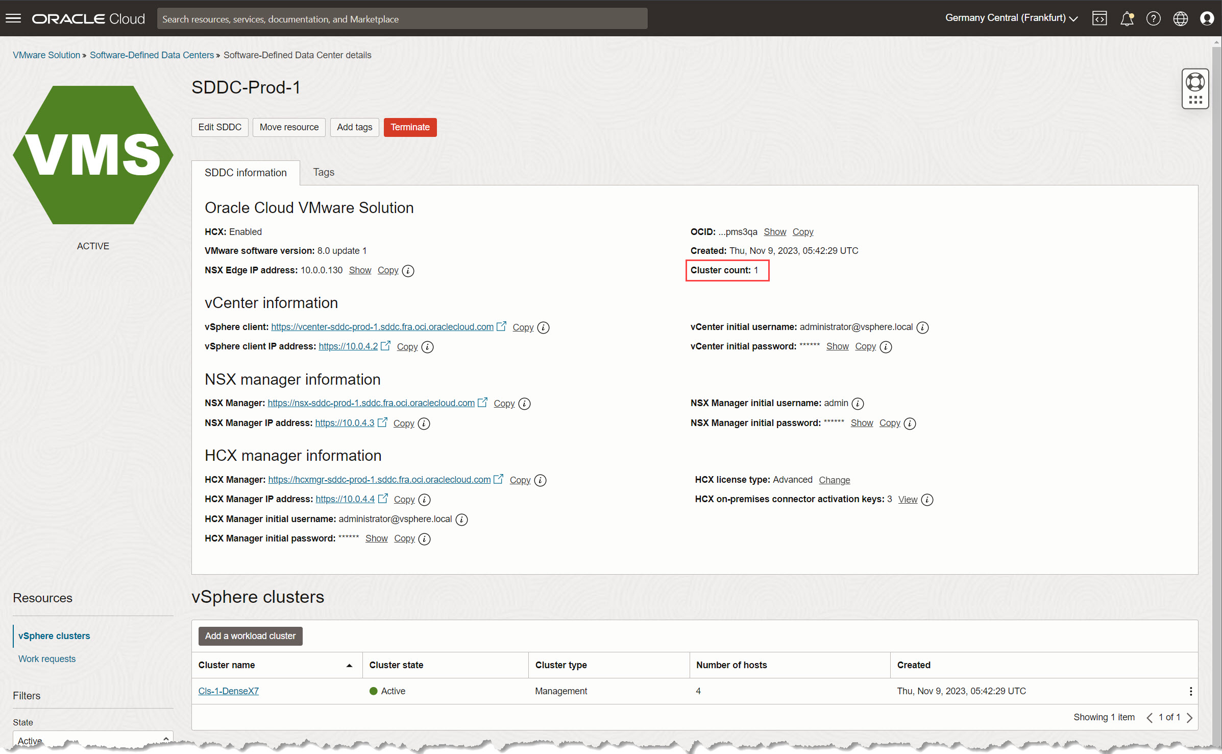 Console OCI - Page Détails du SDDC - Finale Console OCI - Page Détails du SDDC - Finale