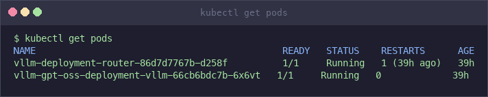 kubectl get pods montrant les pods de routeur et de moteur en cours d'exécution 1/1