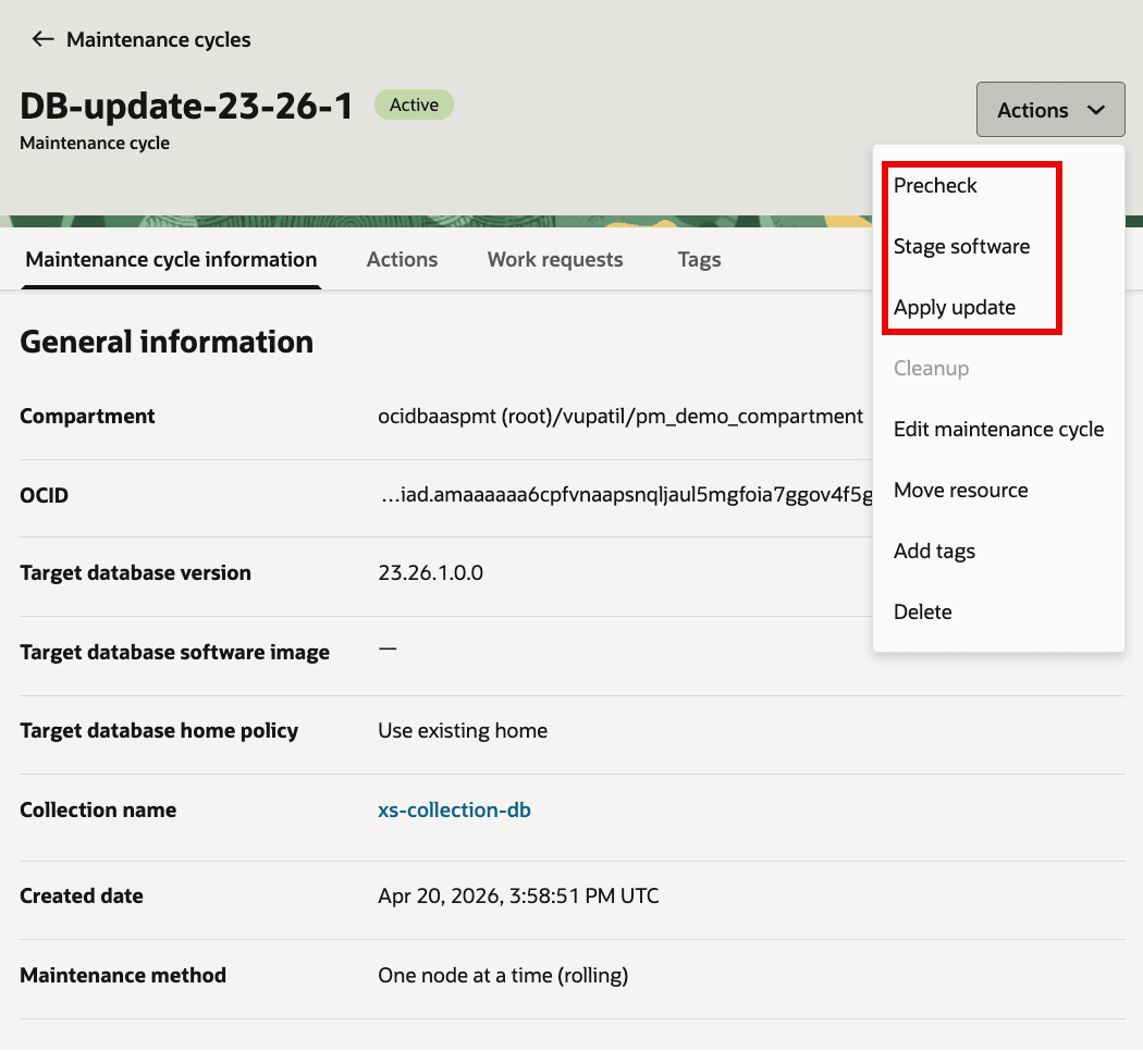 Menu Actions du cycle de maintenance de la base de données avec vérification préalable, inscription du logiciel dans une table intermédiaire et options de mise à jour Appliquer mises en surbrillance