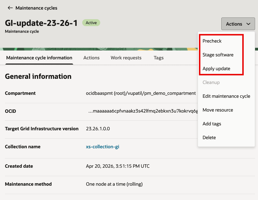 Menu Actions du cycle de maintenance Grid Infrastructure avec vérification préalable, inscription du logiciel dans une table intermédiaire et options de mise à jour Appliquer mises en surbrillance