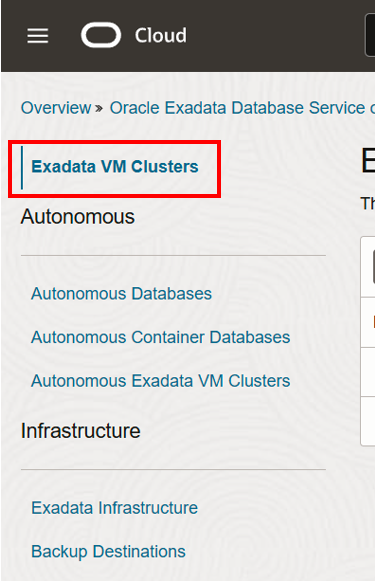 Image présentant la sélection des grappes de machines virtuelles Exadata