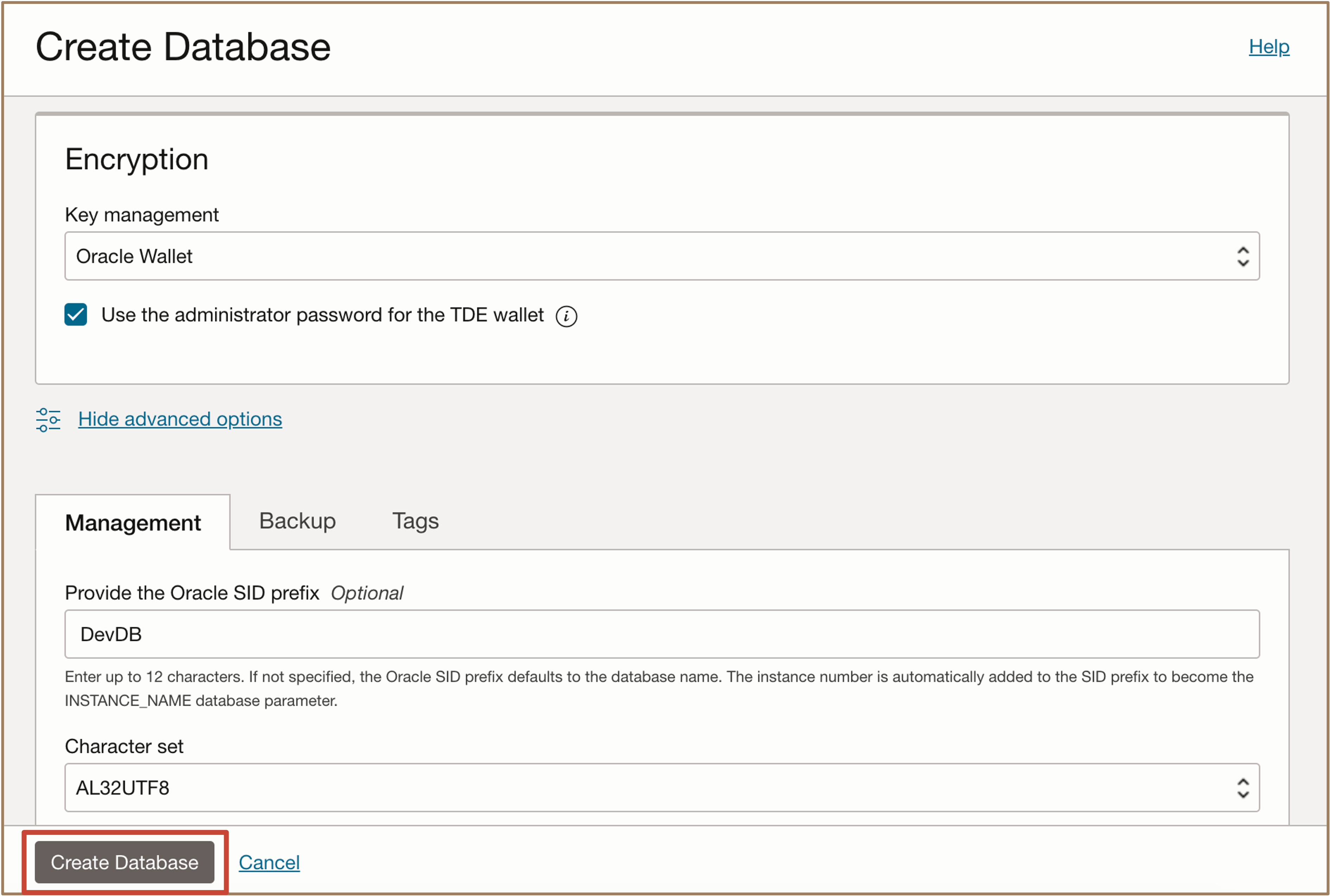 Image présentant l'option Confirmer la création de la base de données conteneur Image présentant l'option Confirmer la création de la base de données conteneur