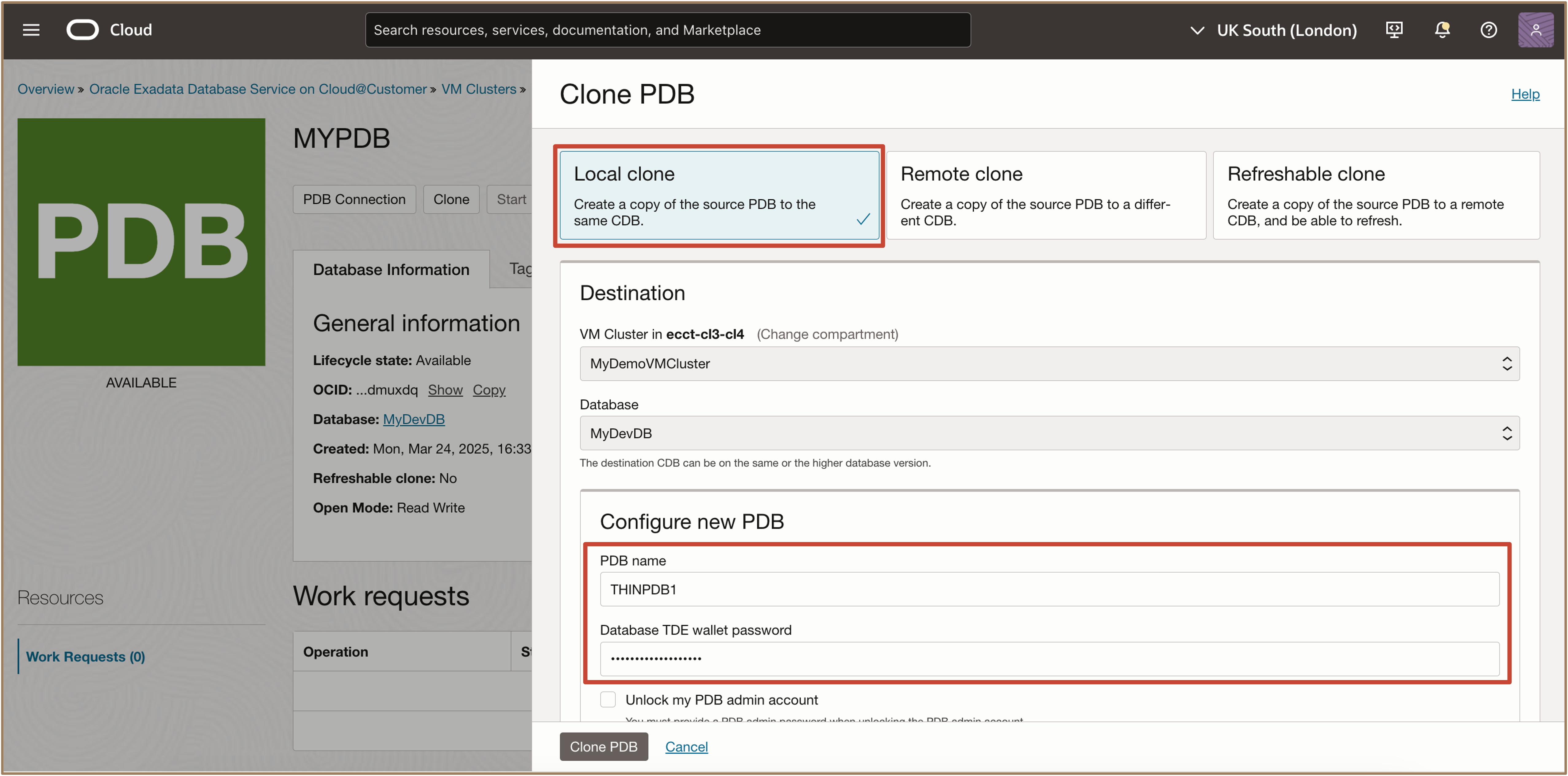 Lancer l'action Cloner une base de données enfichable Lancer l'action Cloner une base de données enfichable