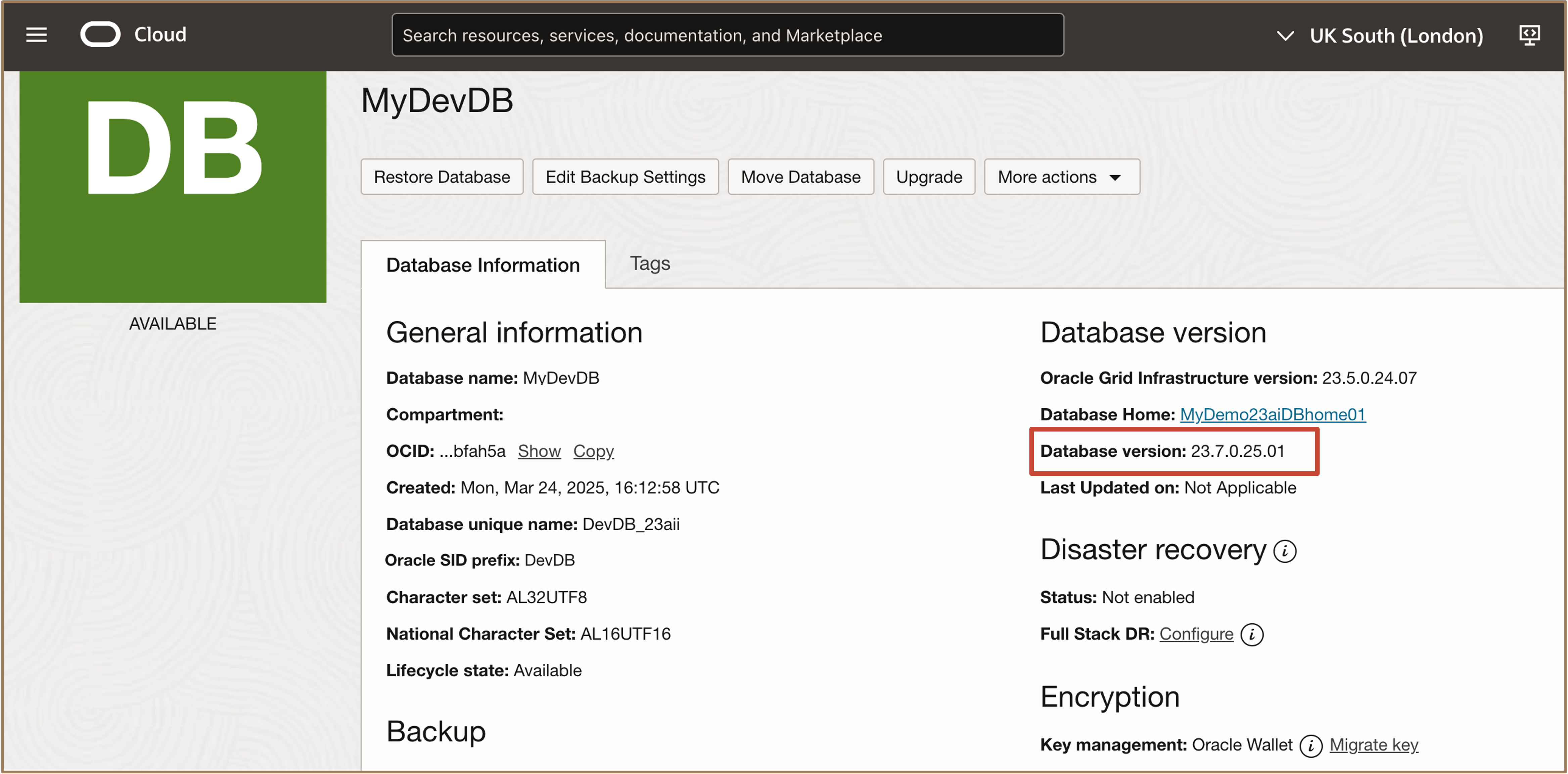 Image montrant la base de données conteneur créée Image montrant la base de données conteneur créée