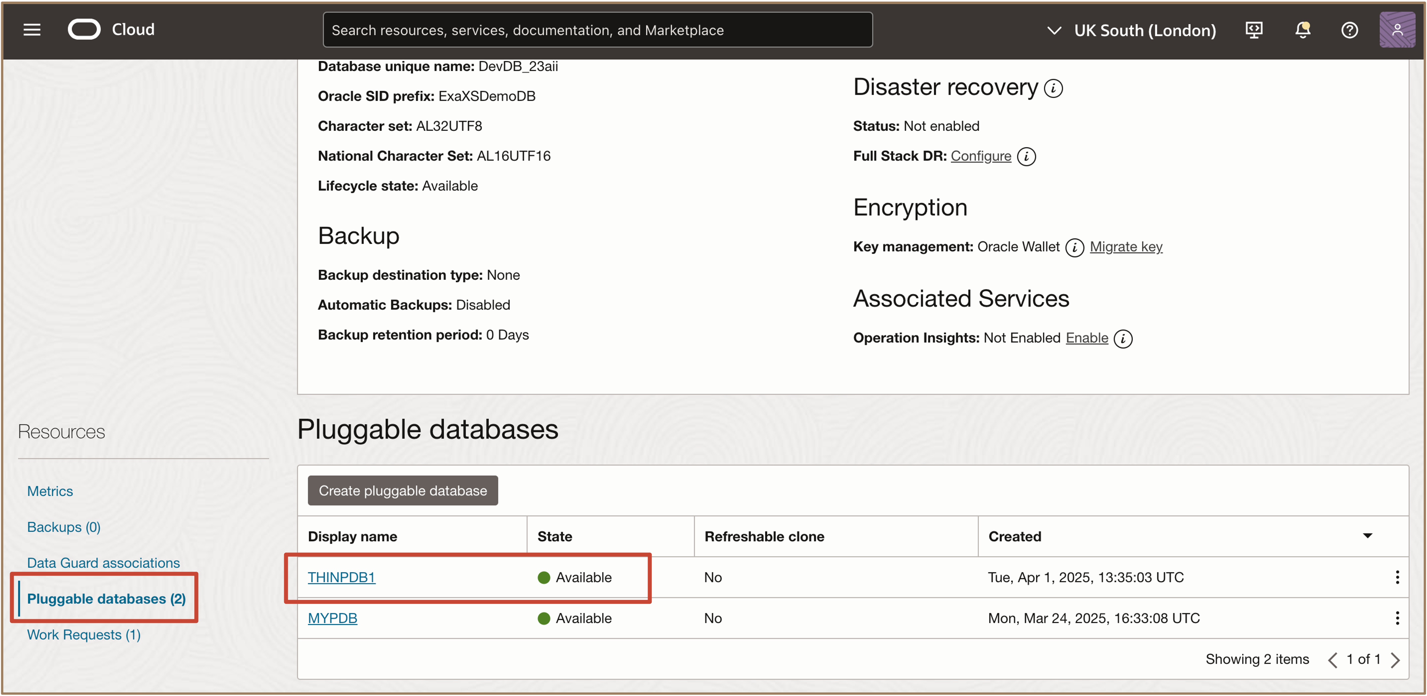 Détails de la nouvelle base de données enfichable à clonage fin