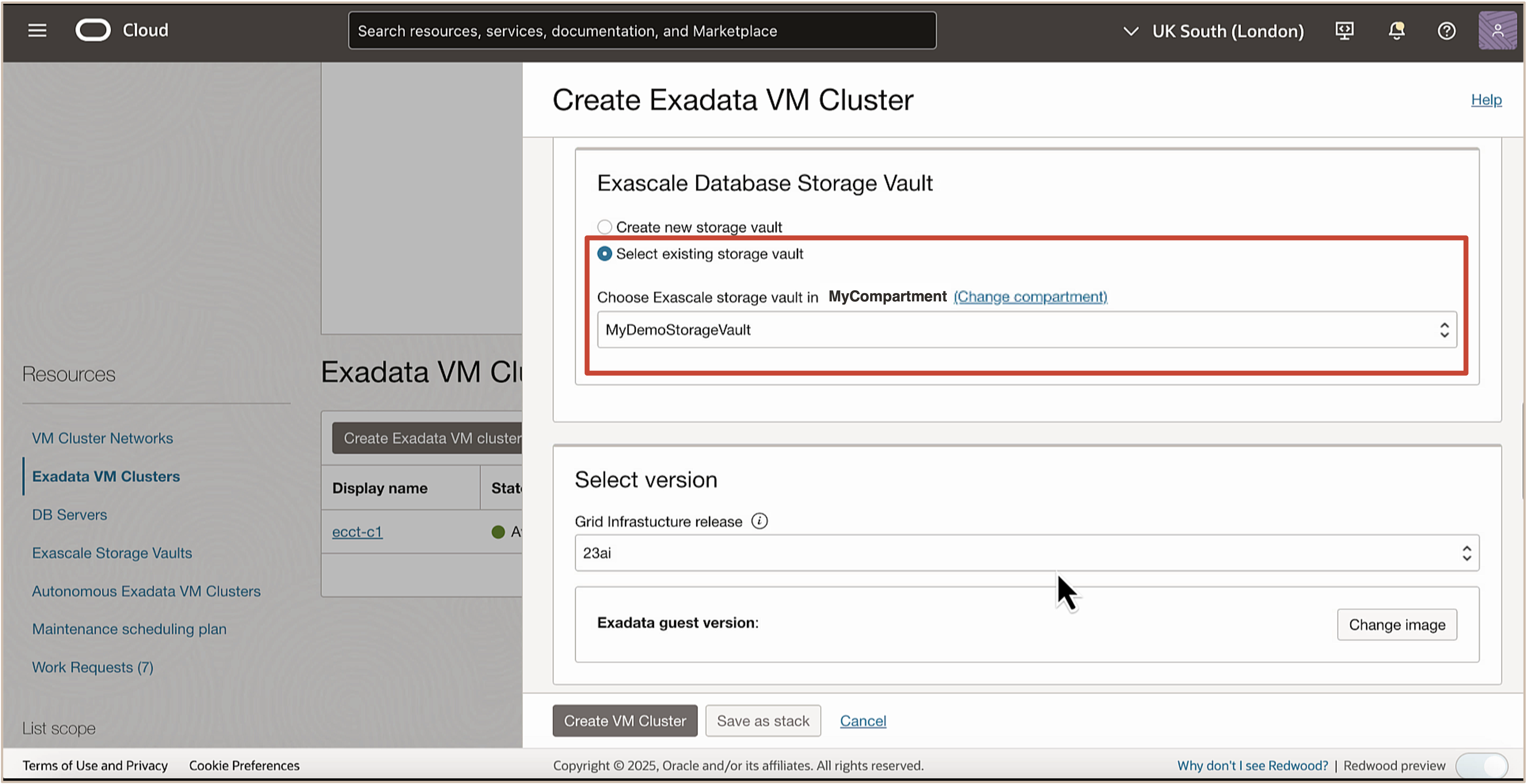 Image présentant la sélection d'une chambre forte de stockage existante Image présentant la sélection d'une chambre forte de stockage existante