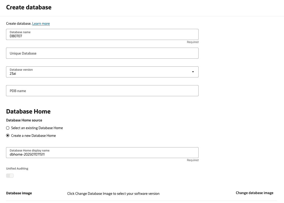 Image présentant les informations de base sur la création d'Oracle database