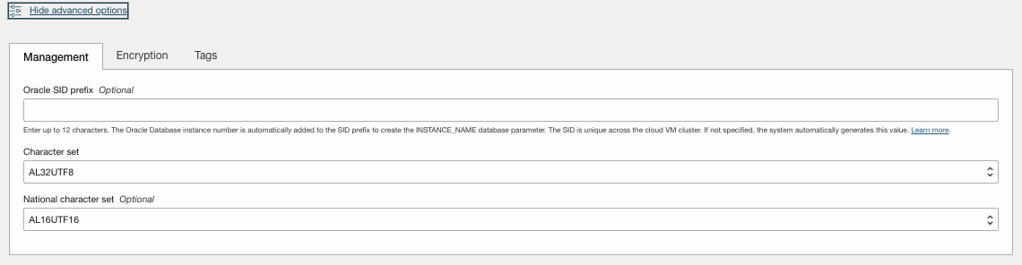 Image présentant les options avancées Créer une base de données Oracle - Gestion