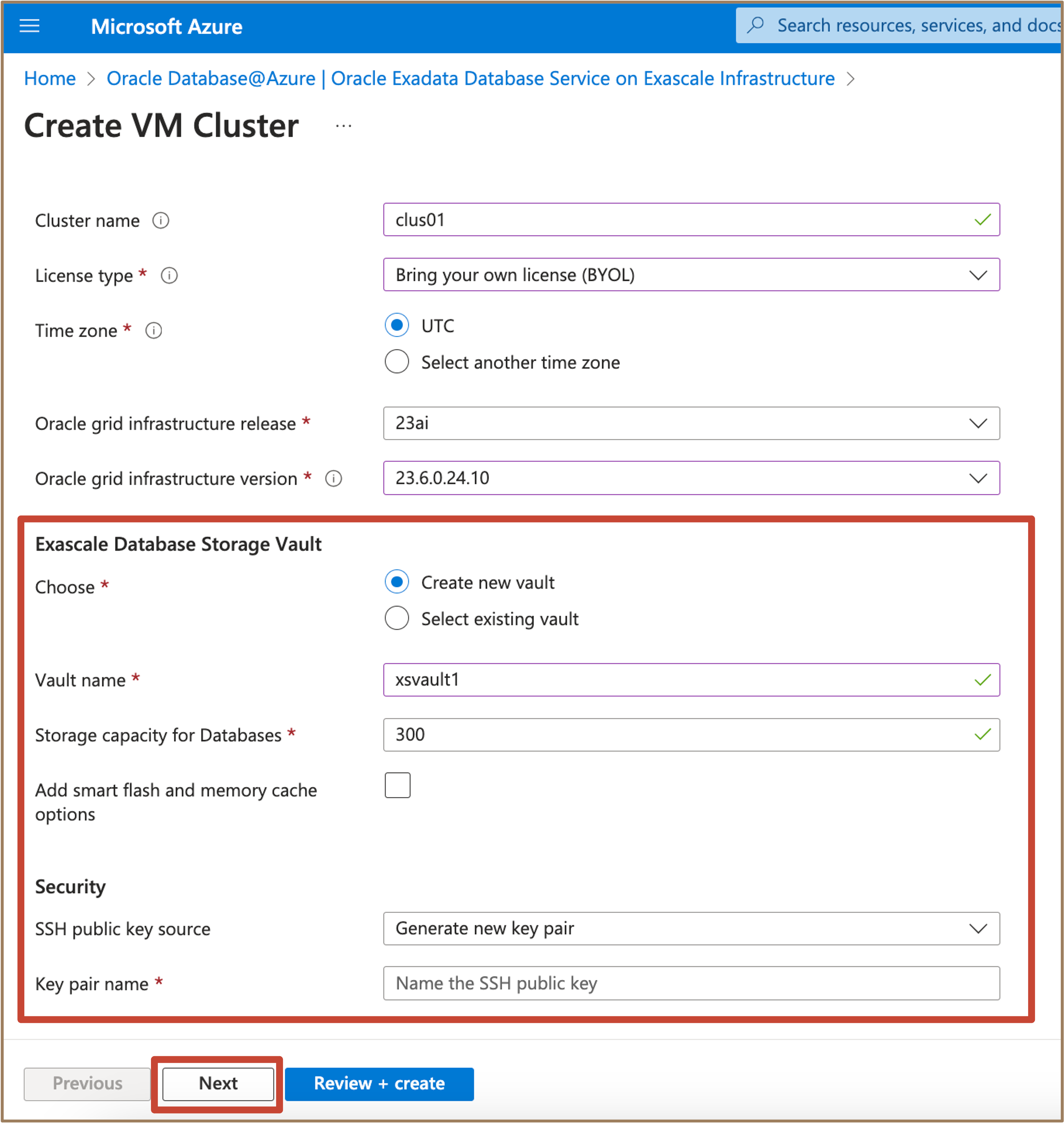 Image présentant les options de configuration du stockage de base de données exaflopique