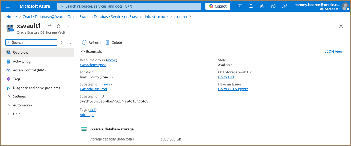 Image présentant la page des détails du stockage de base de données exaflopique