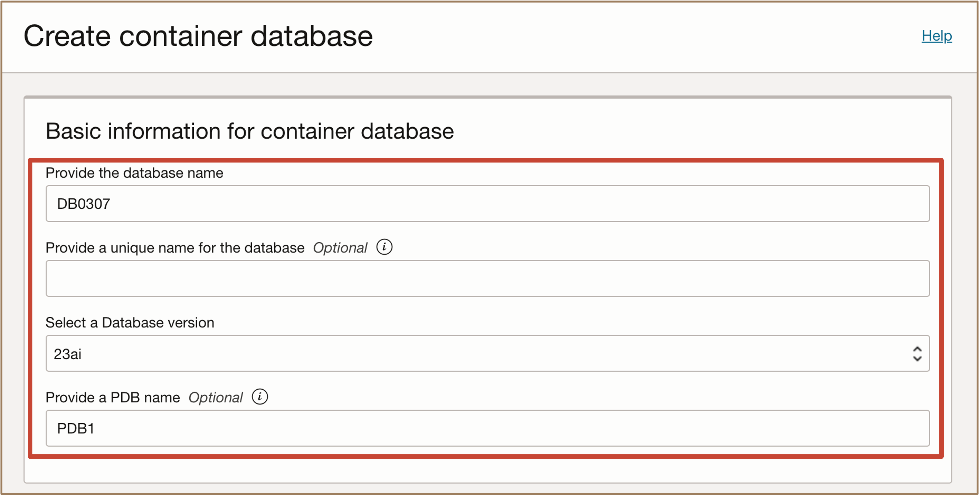 Image présentant les informations de base sur la base de données conteneur à entrer