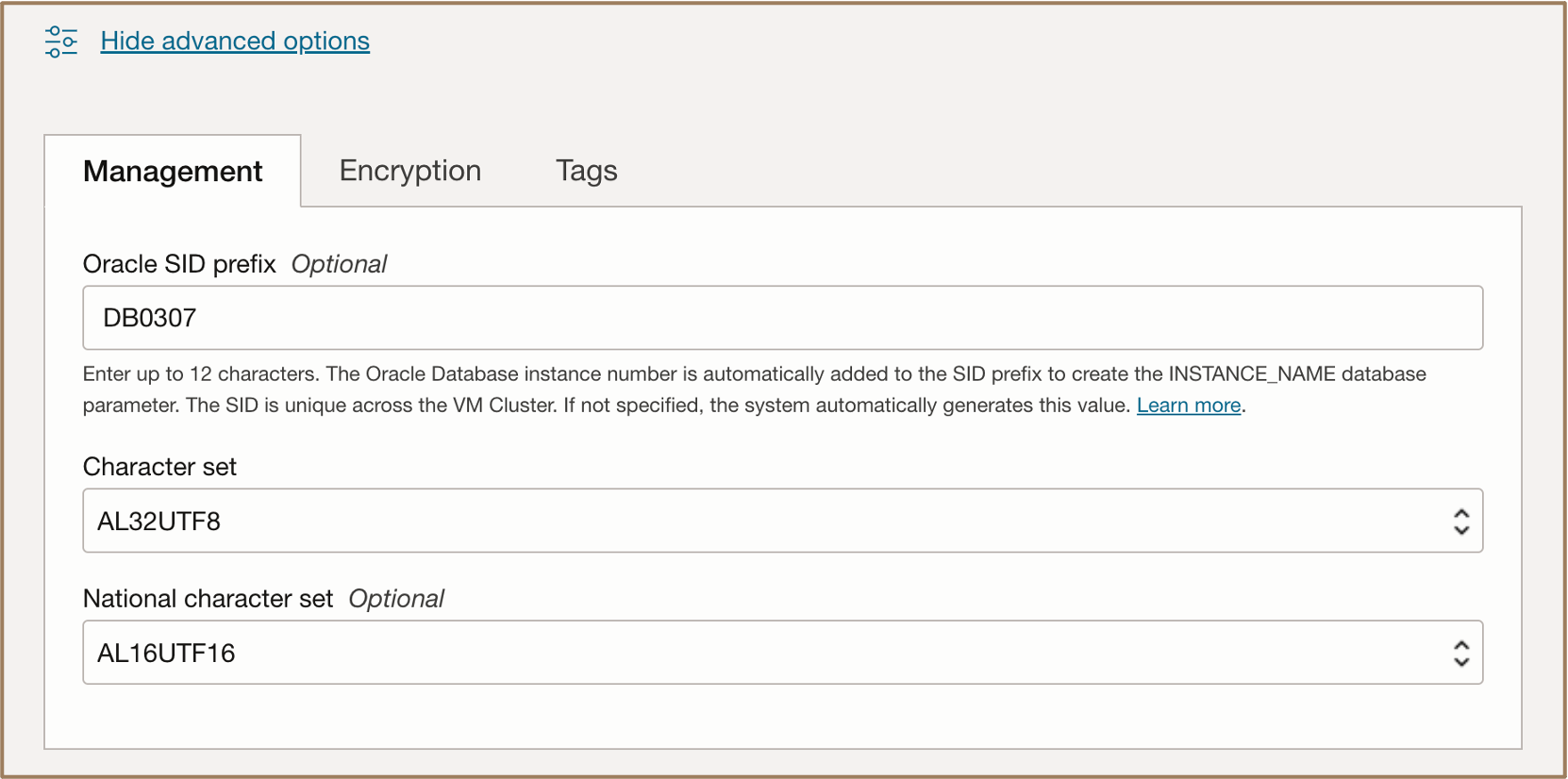 Image présentant la sélection du SID Oracle et du jeu de caractères