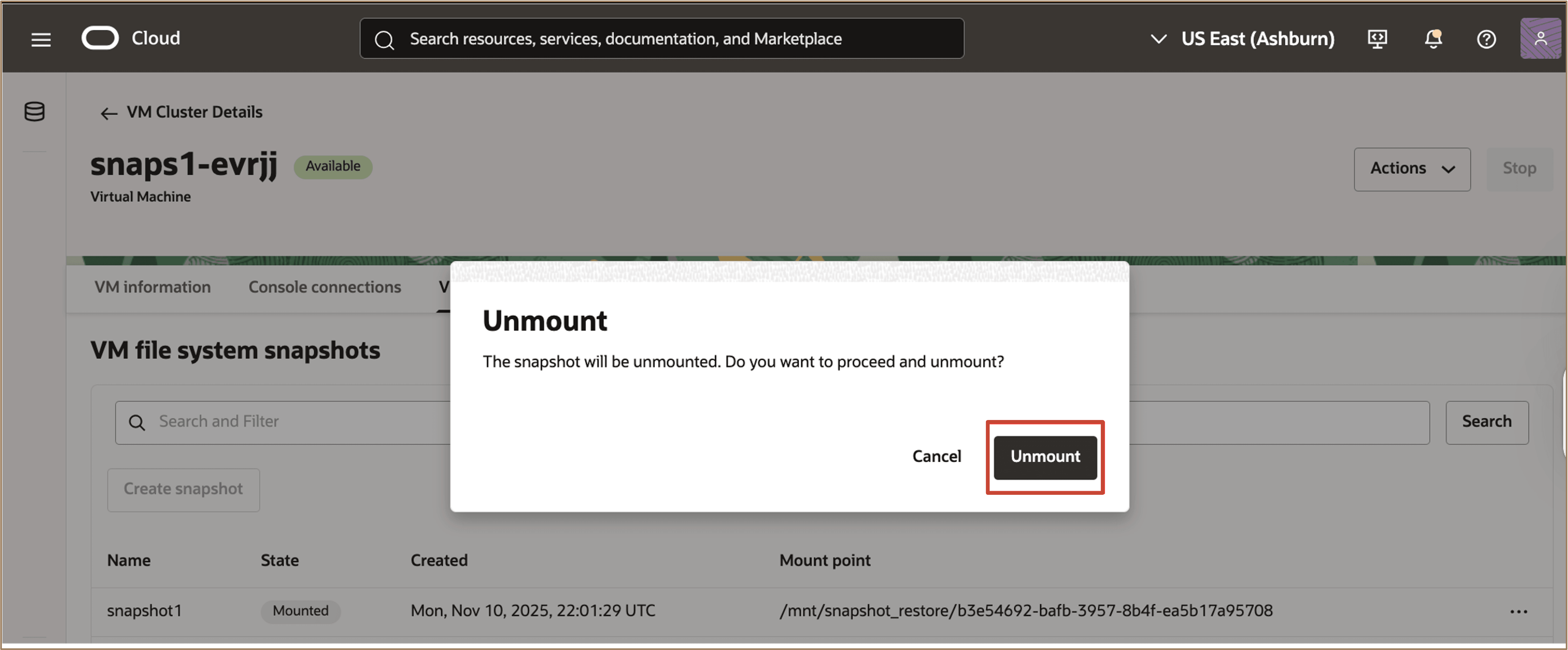 Image montrant comment confirmer le démontage de l'instantané du système de fichiers de machine virtuelle