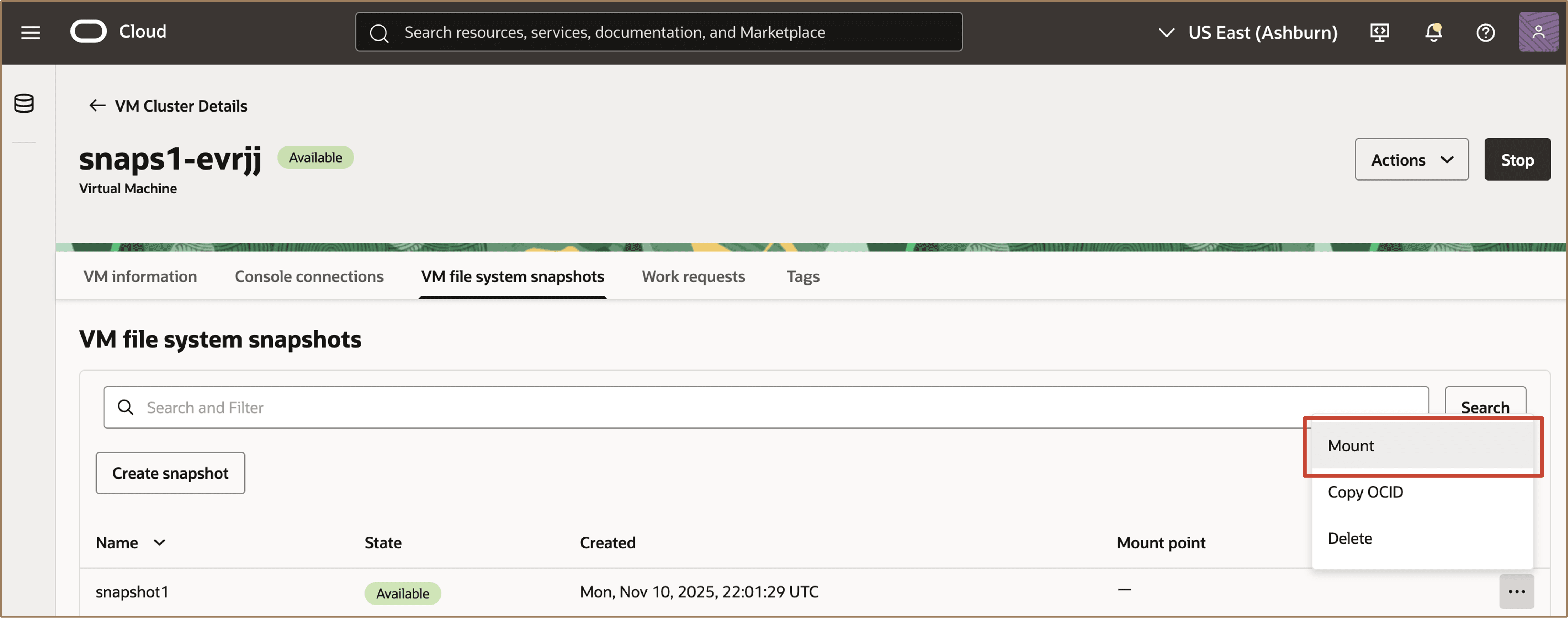 Image montrant comment monter l'instantané de système de fichiers de machine virtuelle