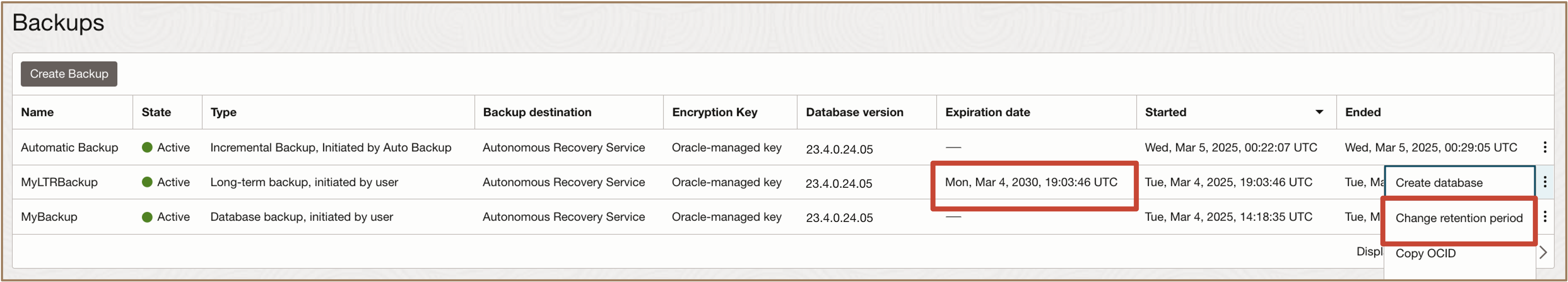 Image présentant la période de conservation des modifications