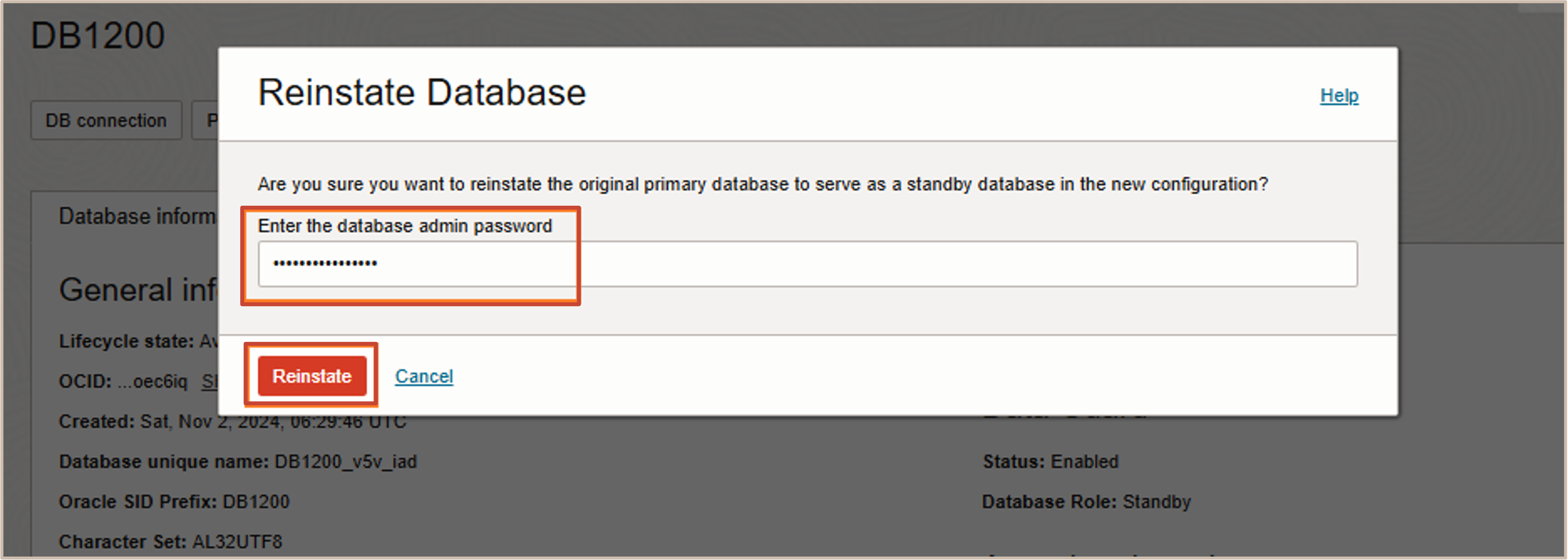 Image présentant le mot de passe de l'administrateur de base de données rétabli