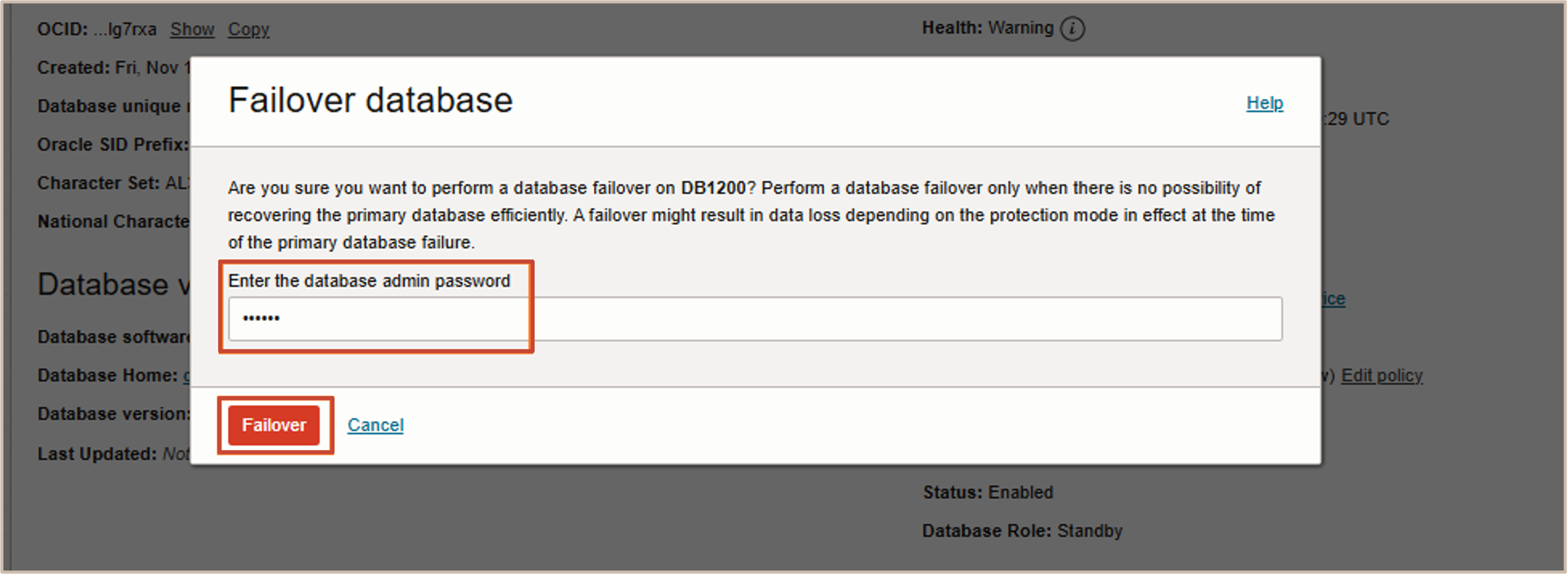Image présentant le mot de passe de l'administrateur de base de données de basculement