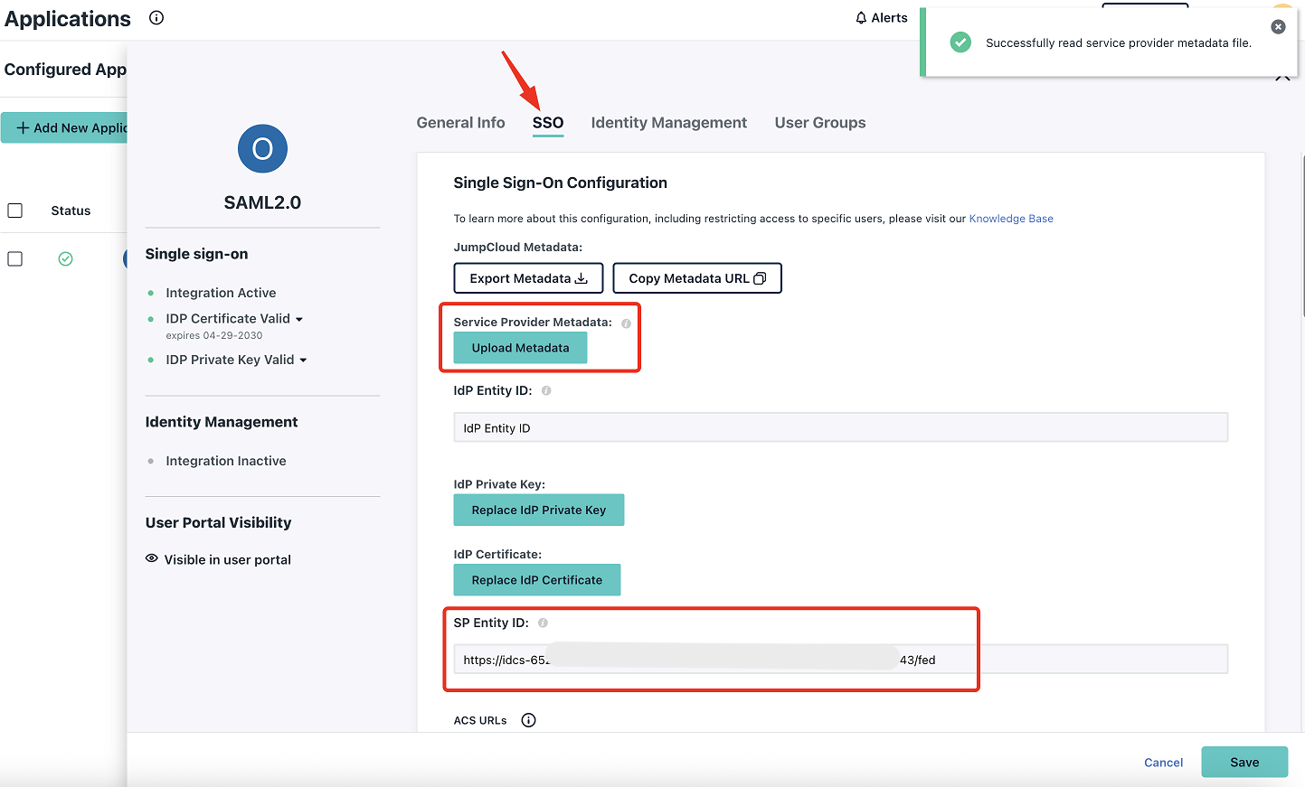 Chargement des métadonnées du fournisseur de services.