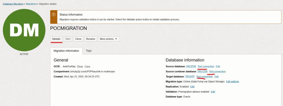 Image présentant la page Valider la migration 