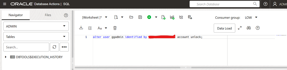 Image montrant le mot de passe de l'utilisateur ggadmin défini dans le DAV cible 