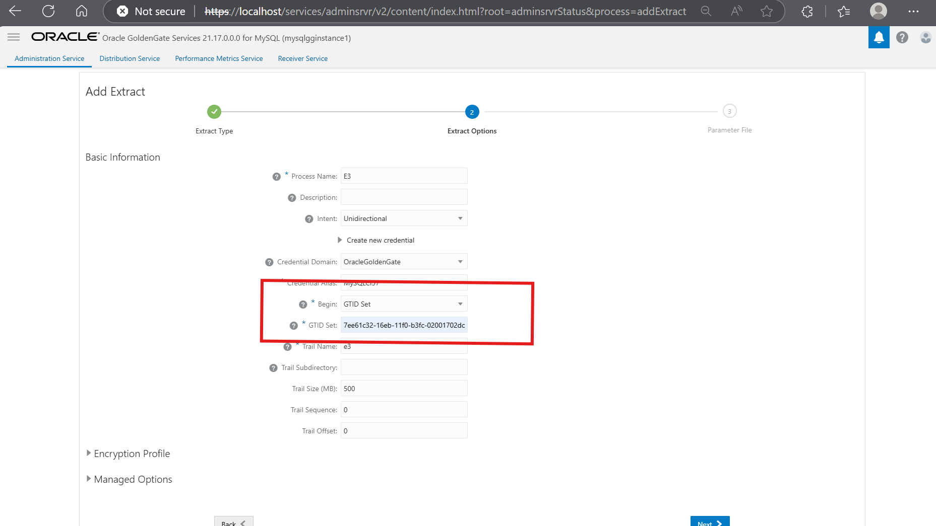 Image montrant la configuration de l'extraction Goldengate