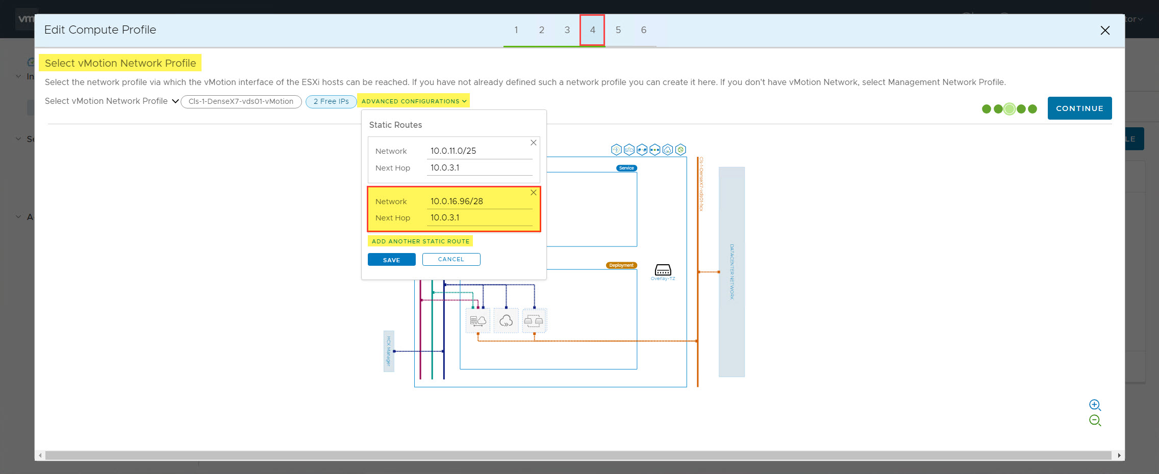 Ajouter une route statique au profil de réseau vMotion