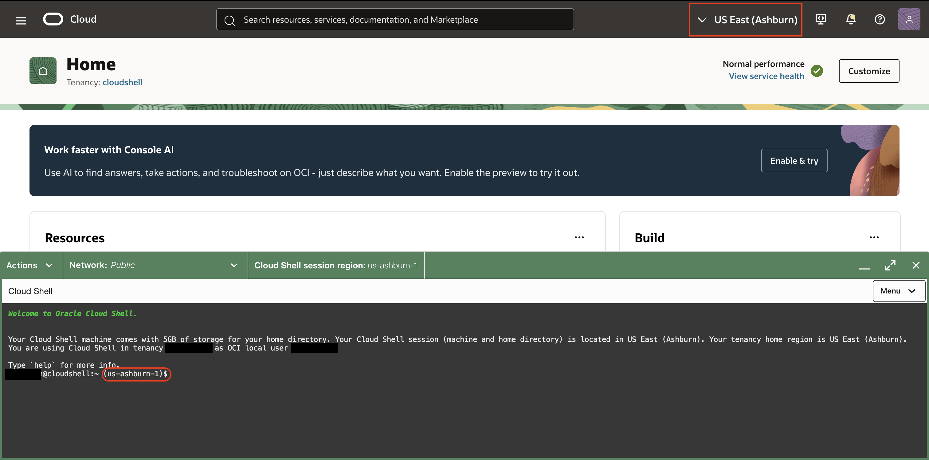 Région cible de l'interface de ligne de commande OCI dans l'invite Cloud Shell