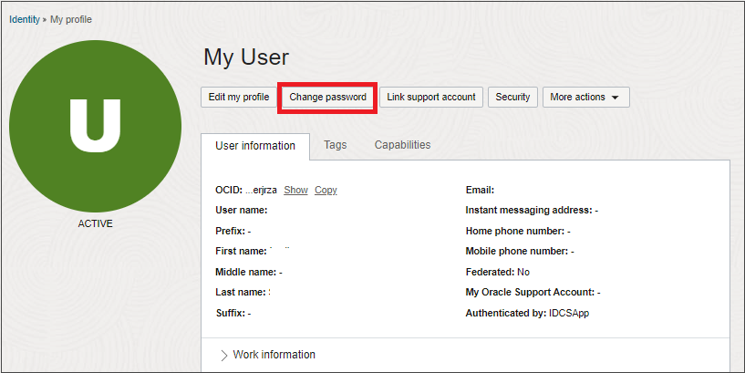 Cliquer ici pour développer Page Mon profil mettant en évidence le bouton Modifier le mot de passe