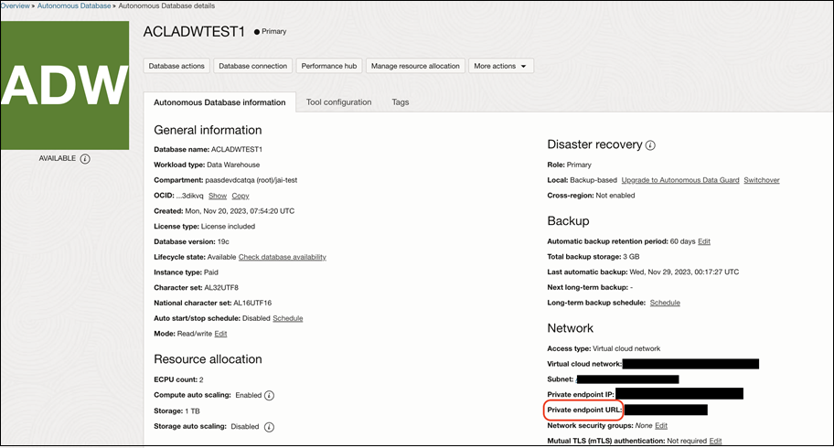 URL de l'adresse privée