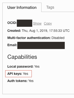 Onglet Informations sur l'utilisateur affichant l'option Clés d'API définie sur Oui.