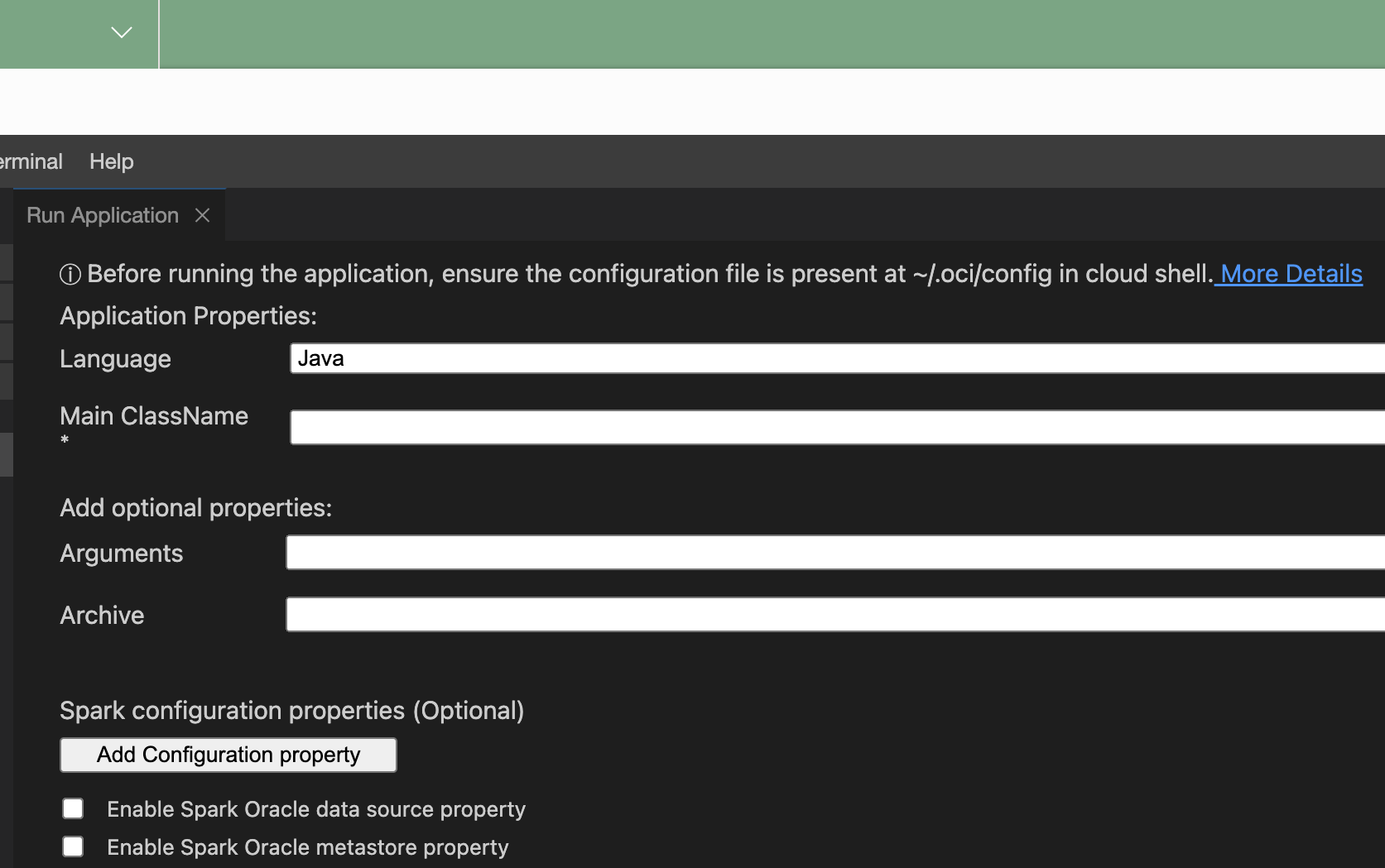 Propriétés à renseigner lors de l'exécution d'une application.