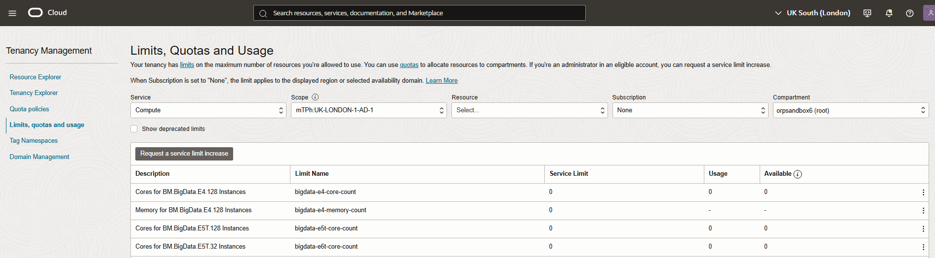 Cliquer pour agrandir écran des limites, des quotas et de l'utilisation