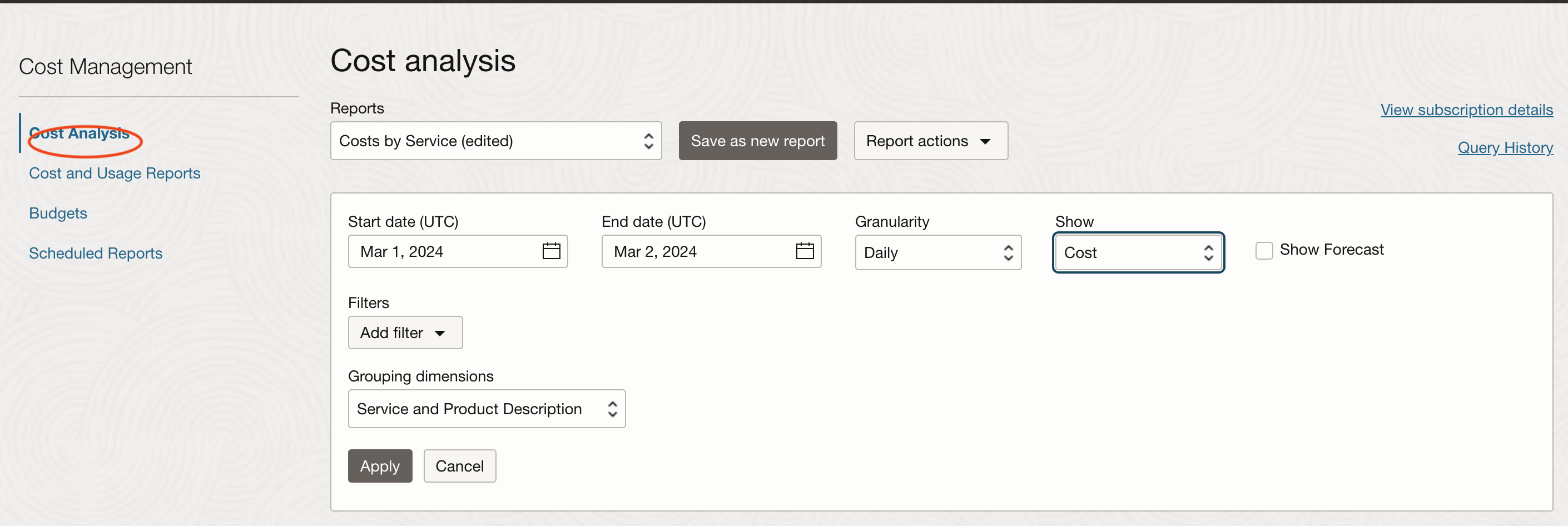 Cliquez pour développer Image de la page Analyse des coûts du service OCI Billing & Cost Management.