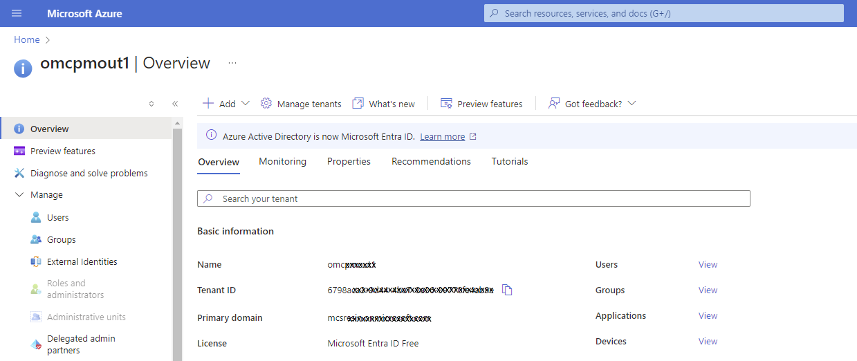 Cliquez pour développer Image du portail Azure affichant la page Aperçu du service EntraID.
