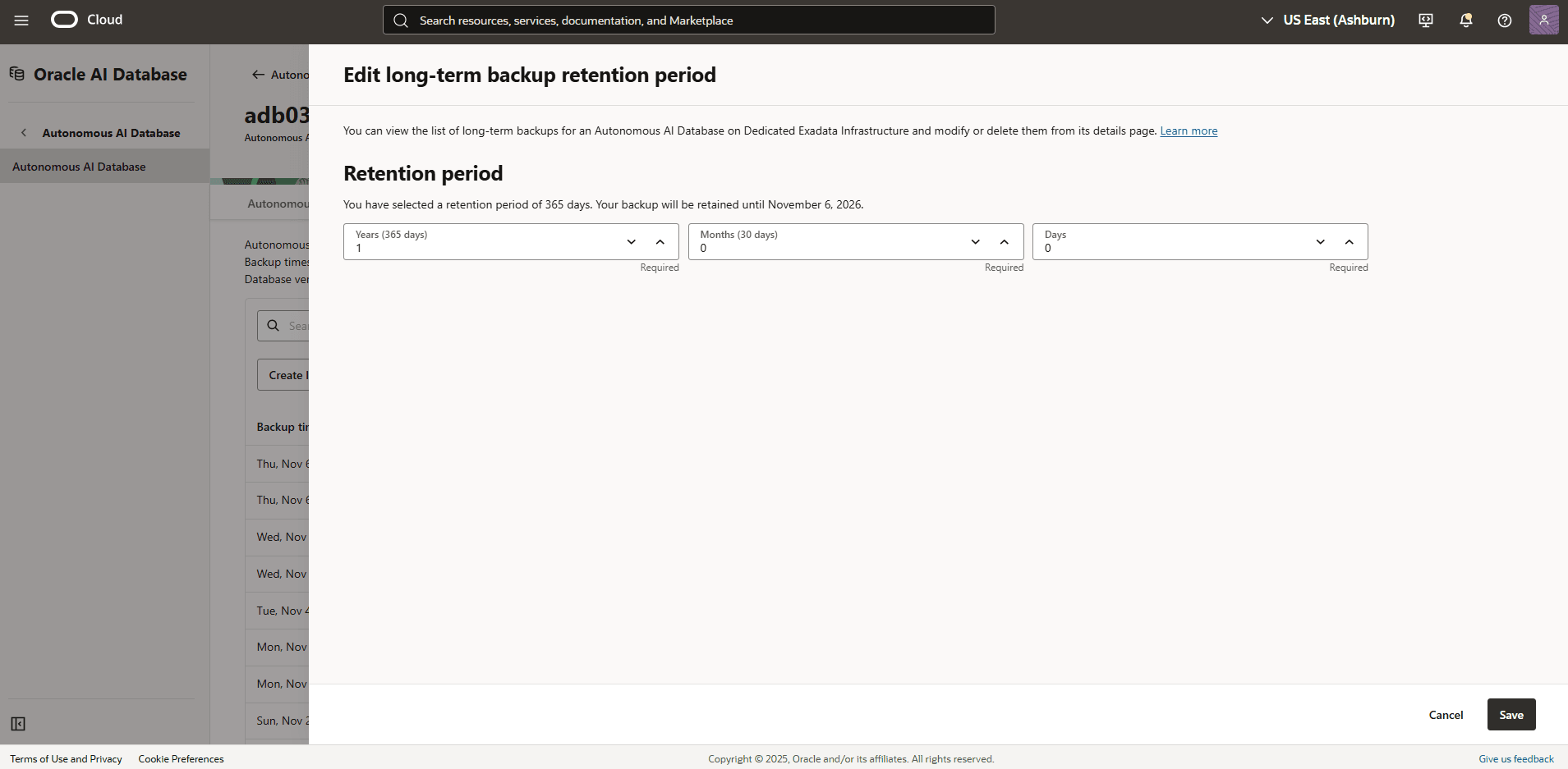 Capture d'écran du processus de modification de la période de conservation de la sauvegarde à long terme d'une base de données Autonomous AI
