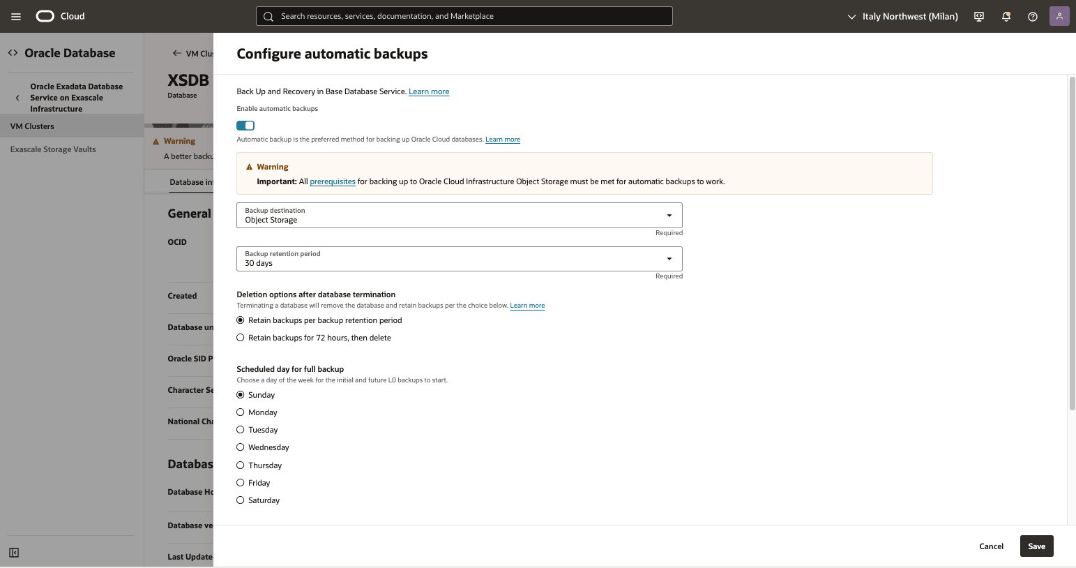 Capture d'écran du processus Visualiser la sauvegarde automatique à partir de la console OCI.