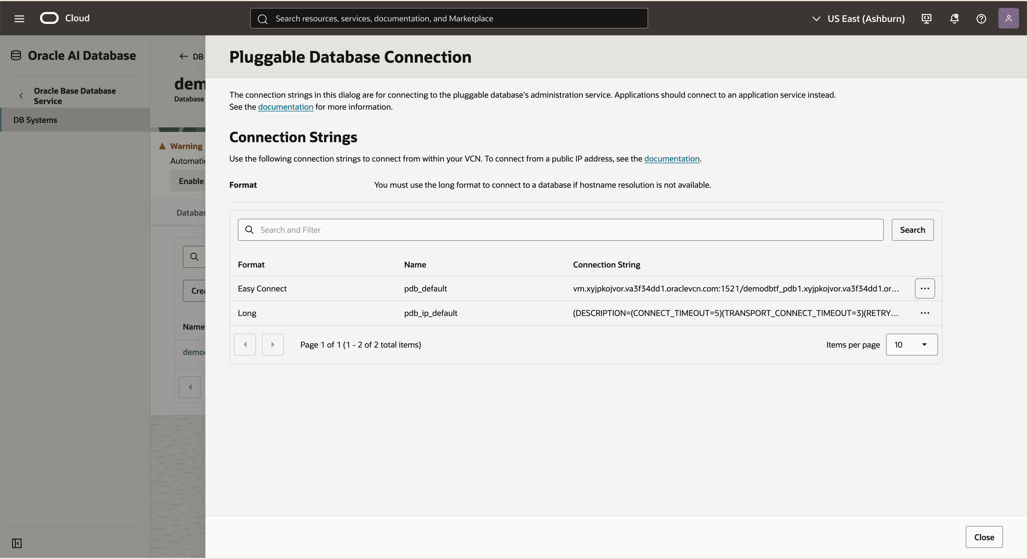 Cette capture d'écran montre comment obtenir la chaîne de connexion Base Database Service.