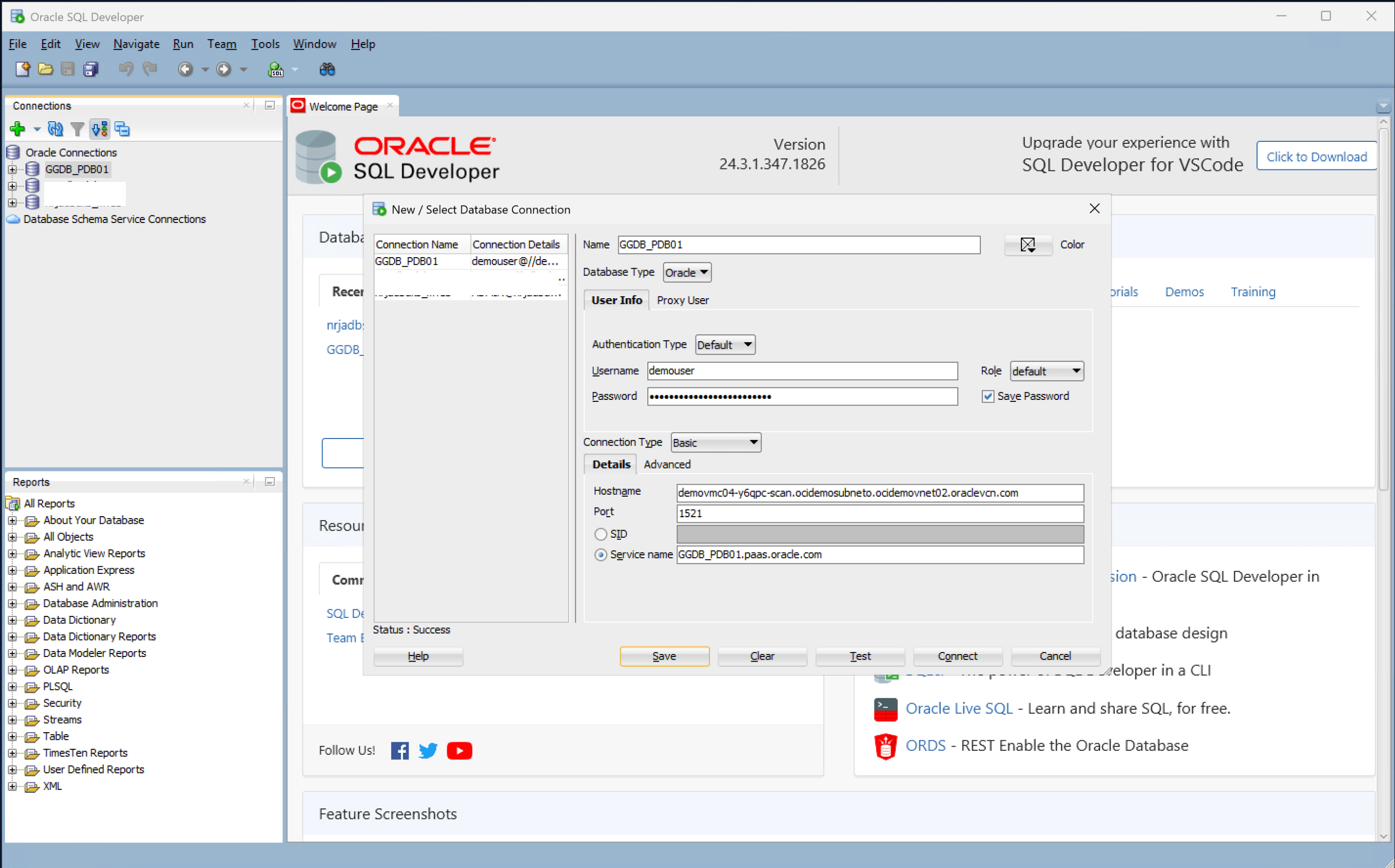 Cette capture d'écran montre comment connecter Oracle SQL Developer à Base Database Service.